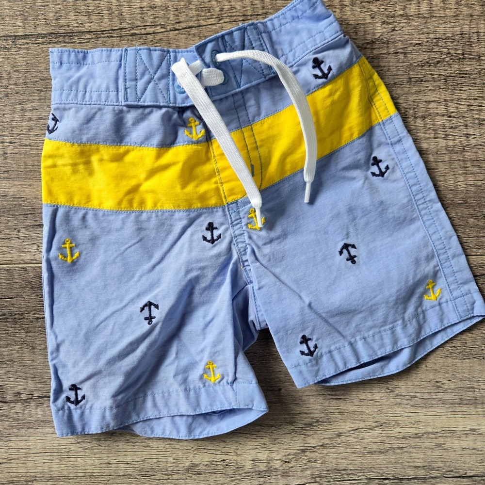 Janie and Jack Baby Boys Blue Yellow Anchor Embroidered Swim Trunks 3-6 Months